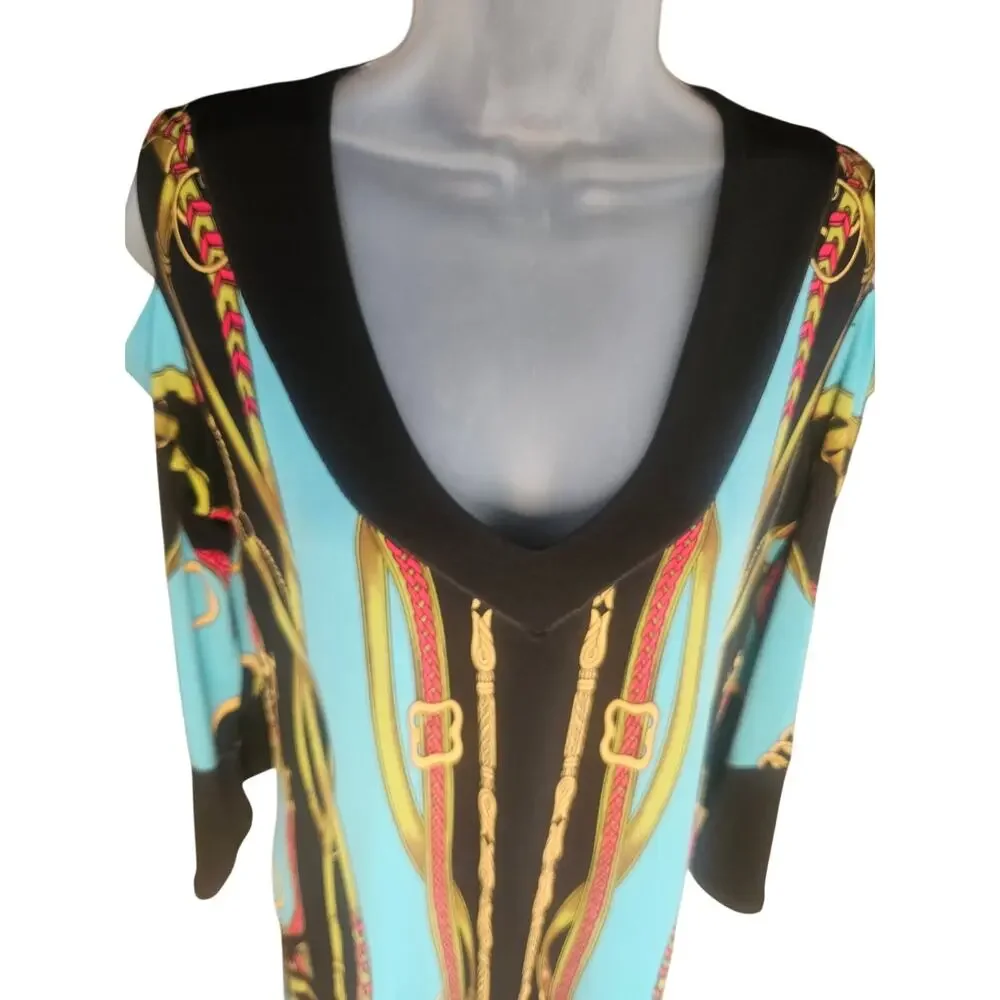 Eva Varro Multi Color Dress Tunic Sz M "Versace Style" Cut Out Shoulders Vneck - Picture 4 of 8